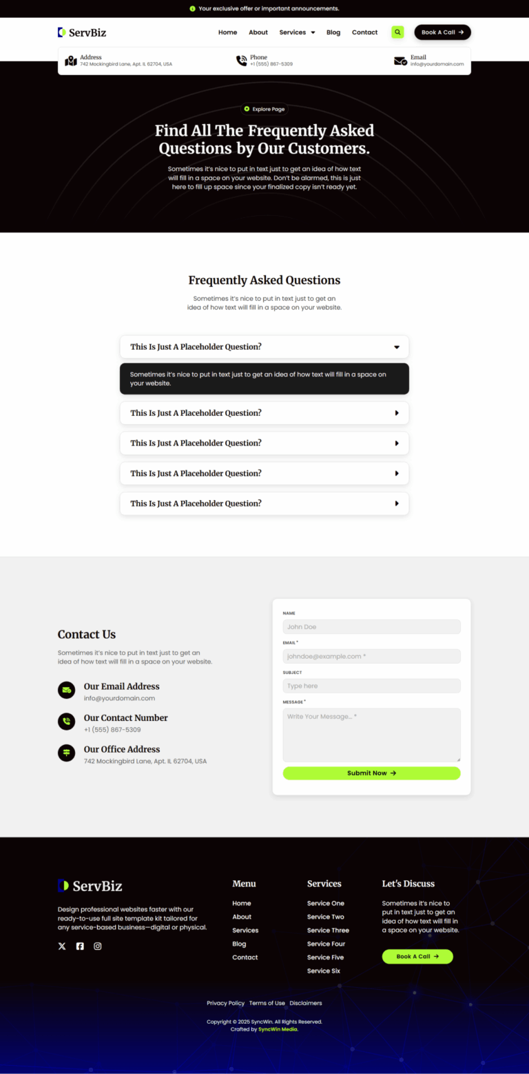 ServBiz FAQs Page - Screenshot - SyncWin