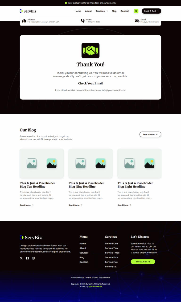 ServBiz Thank You Page - Screenshot - SyncWin